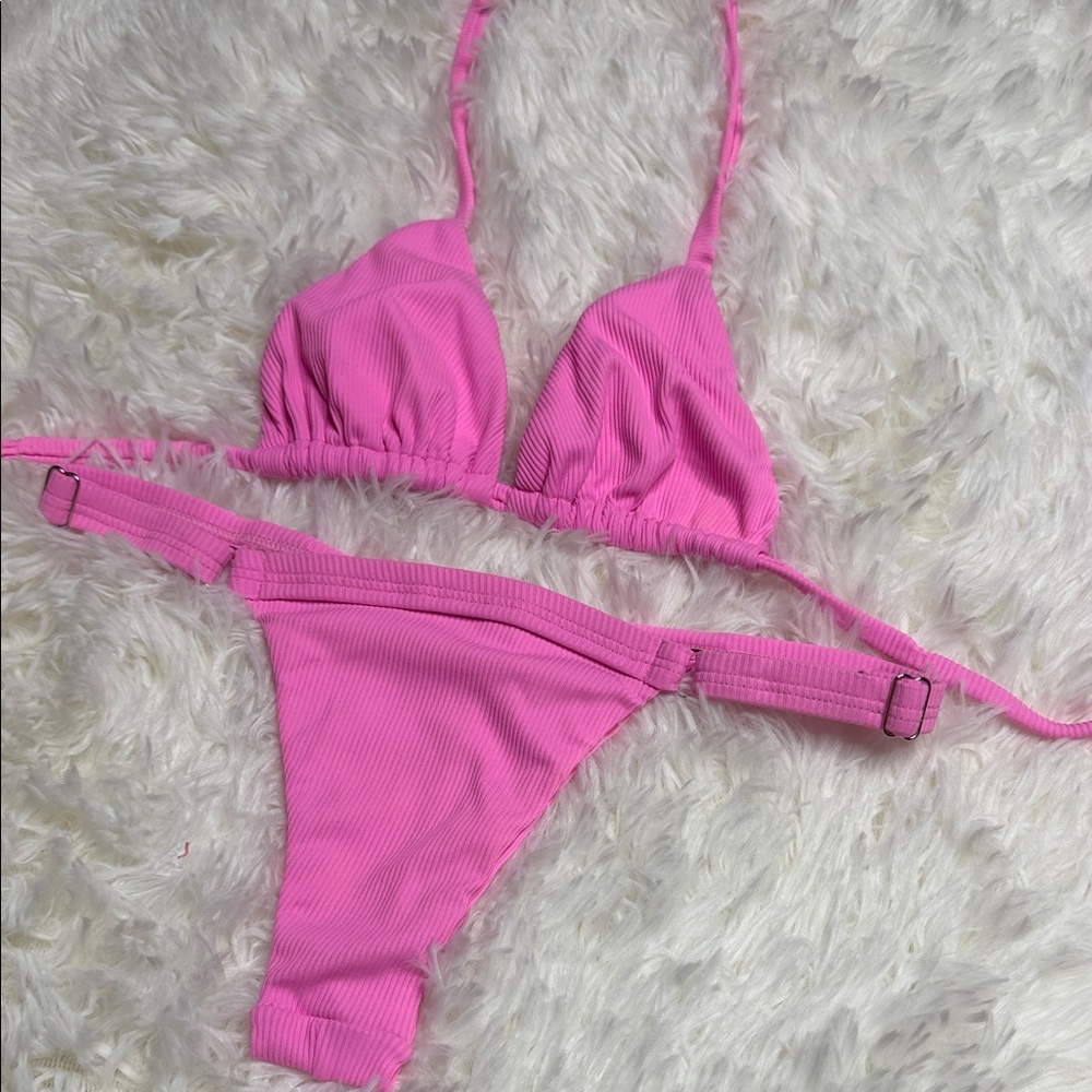 Brazilian Pink Ribbed Bikini Set - Picture 4 of 6